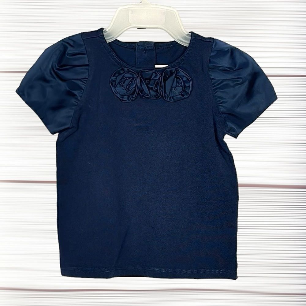 Janie & Jack Girls Top Shirt Size 3 Navy Blue Satin Sheen Rosettes And Sleeves